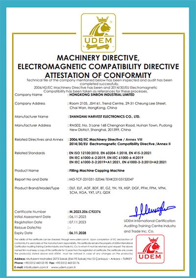 Certificado CE para llenadora y tapadora/taponadora