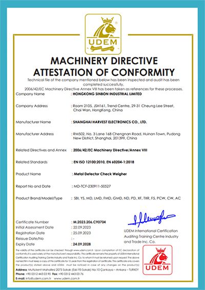 Certificado CE para detector de metales y controladora de peso